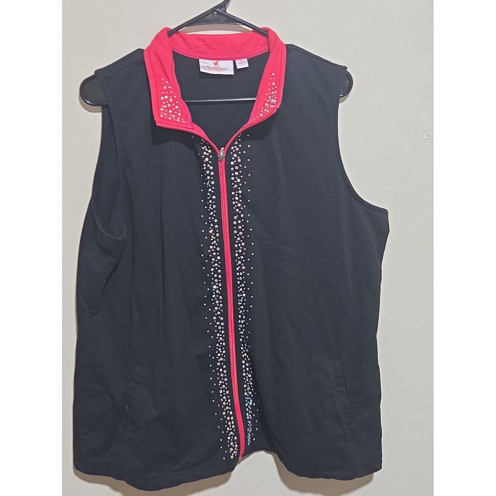 Quacker Factory Women's 1X Black Pink Rhinestone Full Zip Sleeveless Vest Pocket